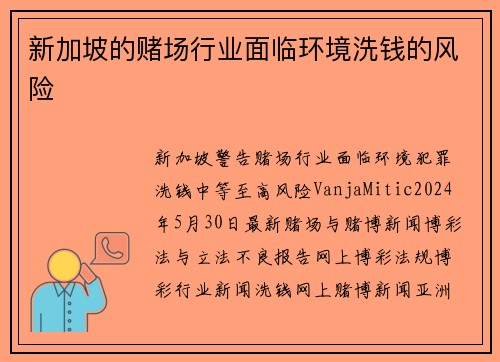 新加坡的赌场行业面临环境洗钱的风险
